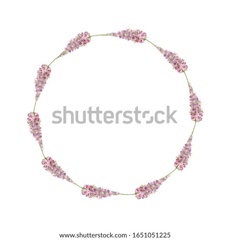 A wreath of watercolor purple flowers on a white background. Use for menus, weddings, invitations, and birthdays