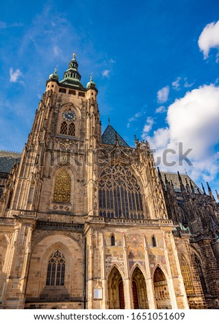 St. Vitus Cathedral against the sky in Prague, Czech Republic. View at the foot.