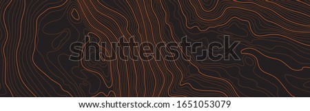 The stylized height of the topographic map contour in lines and contours. The concept of a conditional geography scheme and the terrain path. Orange on black. Ultra wide size. Vector illustration. Royalty-Free Stock Photo #1651053079