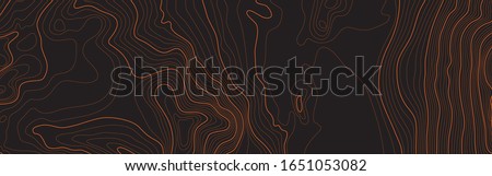 The stylized height of the topographic map contour in lines and contours. The concept of a conditional geography scheme and the terrain path. Orange on black. Ultra wide size. Vector illustration. Royalty-Free Stock Photo #1651053082