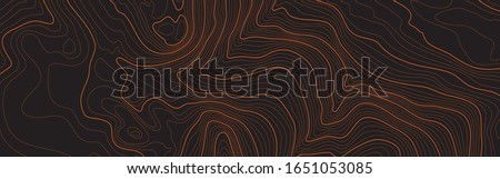The stylized height of the topographic map contour in lines and contours. The concept of a conditional geography scheme and the terrain path. Orange on black. Ultra wide size. Vector illustration. Royalty-Free Stock Photo #1651053085