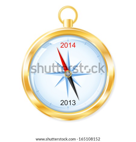 Golden compass points to New Year 2014. Vector illustration.
