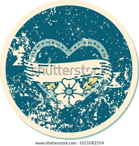 iconic distressed sticker tattoo style image of a heart and banner with flowers
