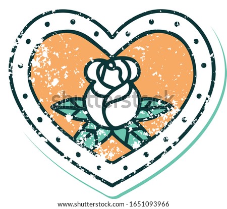 iconic distressed sticker tattoo style image of a heart and flowers