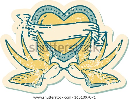 iconic distressed sticker tattoo style image of swallows and a heart with banner