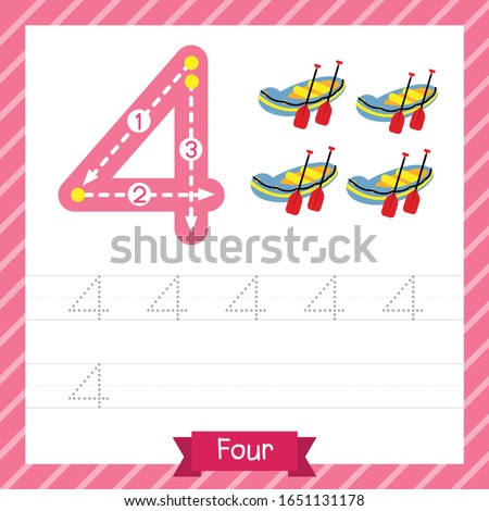 Number four tracing practice worksheet with 4 rafts for kids learning to count and to write. Vector Illustration.