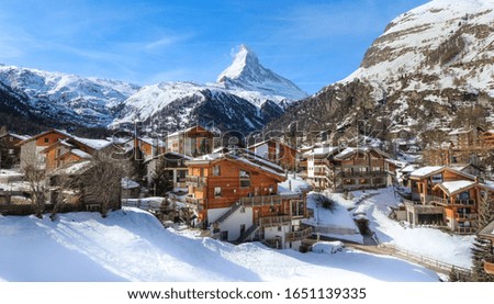 The alpine village Zermatt in Switzerland. The Matterhorn. Swiss mountain village.