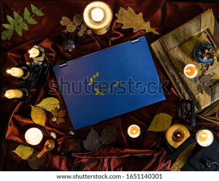 A blue laptop lies on a table covered with a burgundy tablecloth, and surrounded by candles, autumn leaves and mystical book. The desktop of a modern witch. Fairy tail.