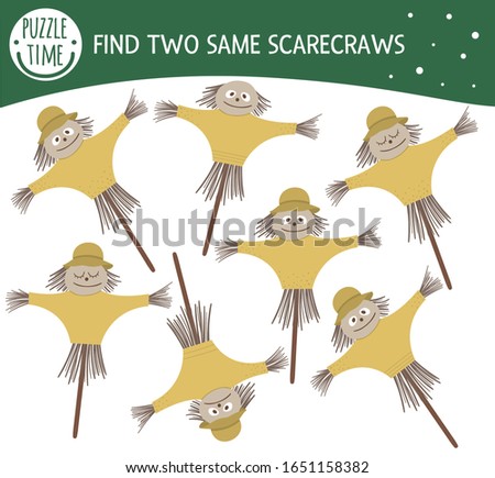 Find two same scarecrows. Garden or farm themed matching activity for preschool children with cute funny bugaboos. Funny spring game for kids. Logical quiz worksheet