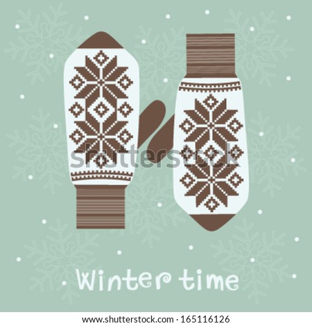 Winter decoration with knitted  mittens.  Vector