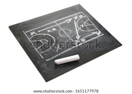 Basketball play tactics strategy drawn on chalkboard, blackboard texture, isolated on white, side view