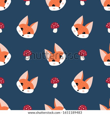 Cute fox and fly-agaric mushroom seamless pattern. Blue background. Vector repeat ornament