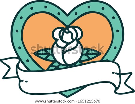 iconic tattoo style image of a heart rose and banner 