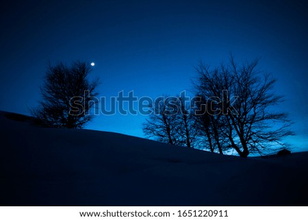 Fairy winter night landscape with snow and moon in a mountain hill