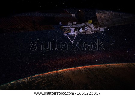 Space background Earth with iss. Beauty of universe. Elements of this image furnished by NASA