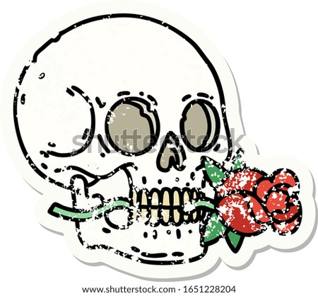 distressed sticker tattoo in traditional style of a skull and rose