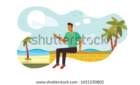 Man Holiday Sunny Vacation Palms Beach Sea Ocean Illustration Concept 