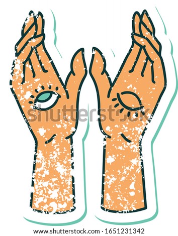 iconic distressed sticker tattoo style image of mystic hands