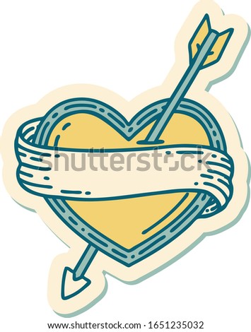 sticker of tattoo in traditional style of an arrow heart and banner