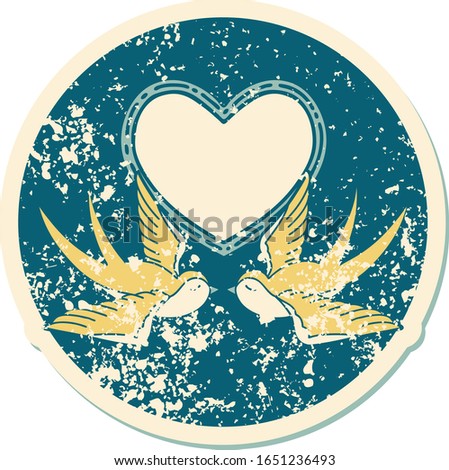 iconic distressed sticker tattoo style image of swallows and a heart