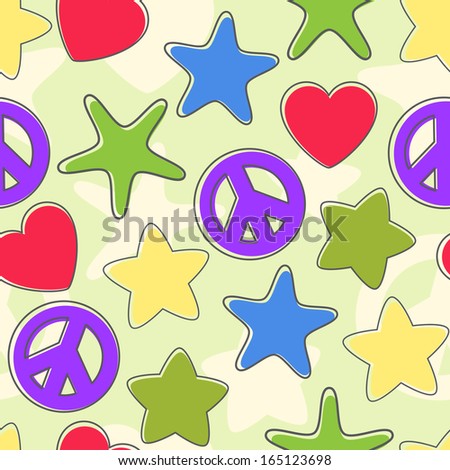 Seamless background of the figures of stars, pacifist, heart bright colors with retreating outline.