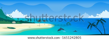 Landscape Panorama vector banner. Sea coast on a sunny day. Ocean shore with palm trees and a boat on the yellow sand, a hut in the distance. Pier. Calm sea, a dolphin emerging from water.  Island