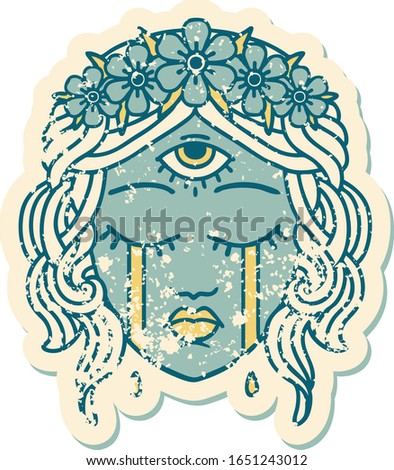 iconic distressed sticker tattoo style image of female face with mystic third eye crying