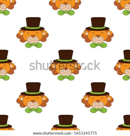 Seamless vector pattern, cute smiling lions in brown hats and with bows isolated on white background. Textile, fabric, nursery decor, print, wallpaper, background. Accessories for kids.