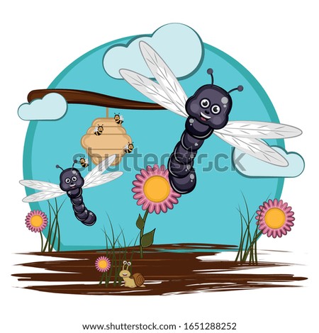 Cute insects in a cartoon landscape - Vector