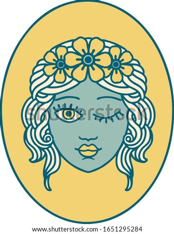 iconic tattoo style image of a maiden with crown of flowers winking