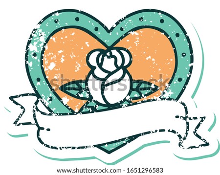 iconic distressed sticker tattoo style image of a heart rose and banner 