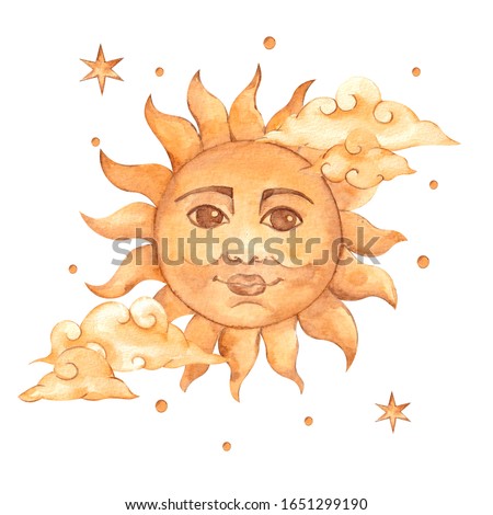 Watercolor vintage illustration with sun and clouds, astrology element isolated on white background