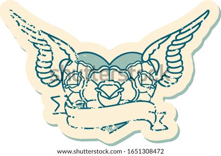 iconic distressed sticker tattoo style image of a flying heart with flowers and banner