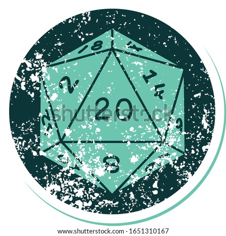 iconic distressed sticker tattoo style image of a d20 dice