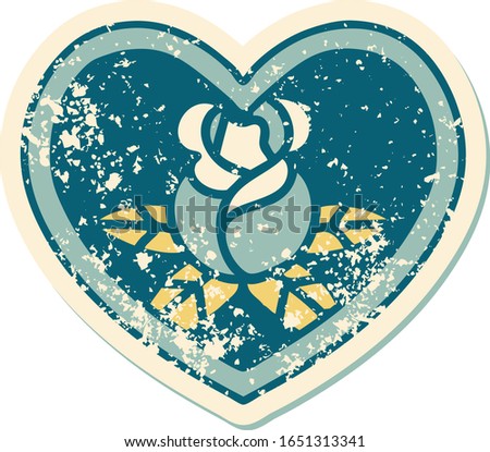 iconic distressed sticker tattoo style image of a heart and flowers