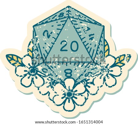 iconic distressed sticker tattoo style image of a d20