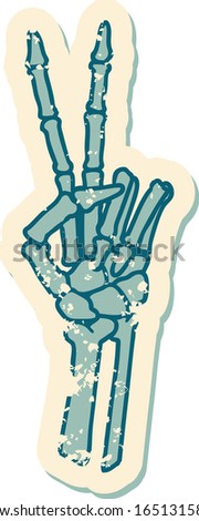 iconic distressed sticker tattoo style image of a skeleton giving a peace sign 