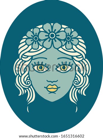 iconic tattoo style image of a maiden with crown of flowers
