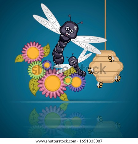Dragonflies with honeycomb and flowers - Vector ILLUSTRATOR