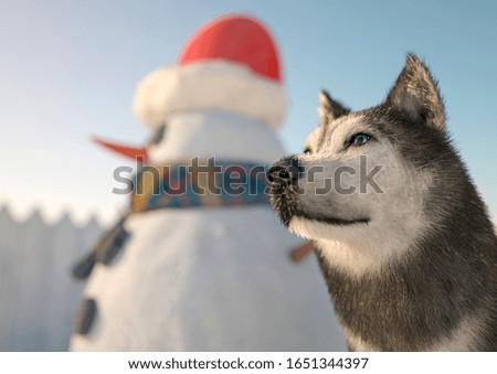 husky posing beside the snowman with copy space, 3d illustration