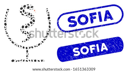 Mosaic snake poison and rubber stamp watermarks with Sofia text. Mosaic vector snake poison is formed with random elliptic spots. Sofia stamp seals use blue color, and have round rectangle shape.
