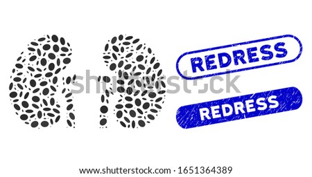 Mosaic kidneys cancer and rubber stamp seals with Redress phrase. Mosaic vector kidneys cancer is designed with random ellipse spots. Redress stamp seals use blue color,