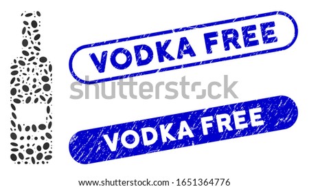 Mosaic cold vodka bottle and distressed stamp seals with Vodka Free text. Mosaic vector cold vodka bottle is composed with randomized oval spots. Vodka Free stamp seals use blue color,