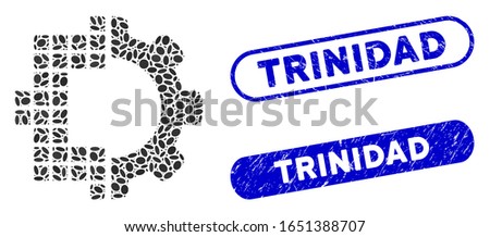 Mosaic digital technology and distressed stamp seals with Trinidad phrase. Mosaic vector digital technology is created with random oval dots. Trinidad stamp seals use blue color,