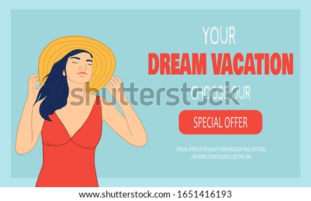 Attractive woman in red swimsuit. Flat Banner, Flyer Summer Sale Cartoon concept. Special Hot Sales and Offer Goods for Men and Women on Vacation or Vacation at Bargain Price.Landing Web page template