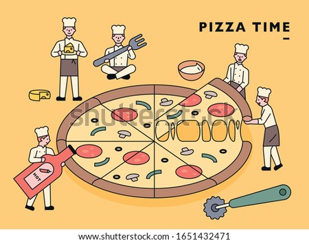 Little cute chefs are making huge pizzas. flat design style minimal vector illustration.
