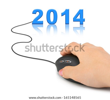 Hand with computer mouse and 2014 - new year concept