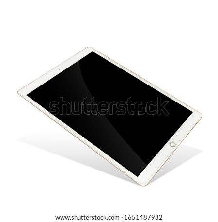 from front view gold color tablet new model 12.9 inch blank screen. isolated with clipping on white background.Modern technology concept