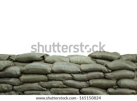 Pile of sandbags for protection with white background