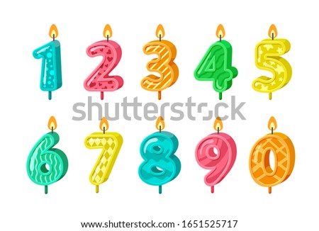 birthday numbers. anniversary decorative candles cakes. kindergarten birthday party. vector celebrating signs for kid